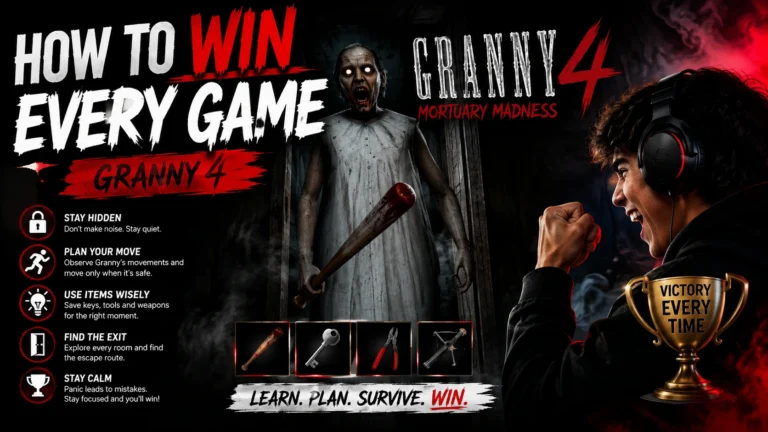 Granny 4 How to Win Every Game guide featured image with a creepy Granny inside a haunted house, a player holding a key, escape tips, survival checklist, and horror-themed gameplay elements.