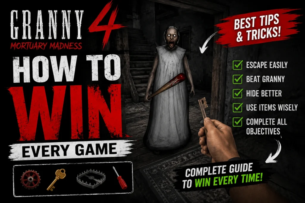How to Win Every Game in Granny 4 featured image showing Granny with a bloodied bat, a happy gamer celebrating victory, survival tips, game items, and a dark horror background.