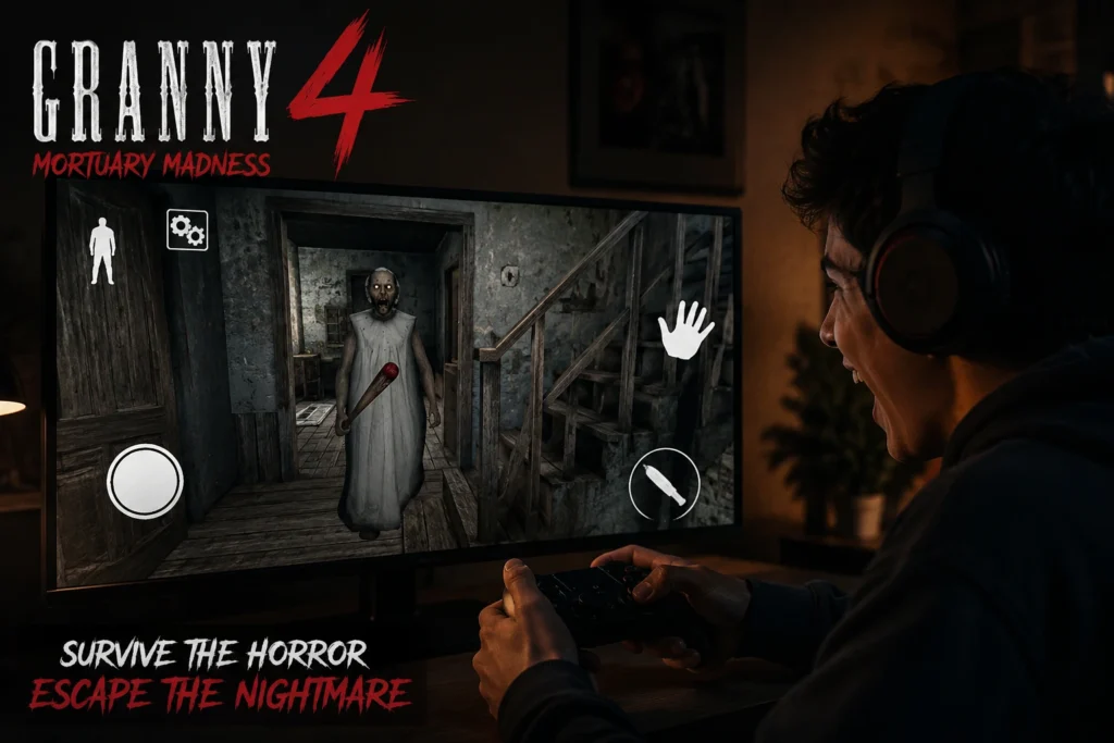 Player hiding from Granny in a dark haunted house while playing Granny 4 APK, with creepy rooms, scary atmosphere, and horror survival gameplay.