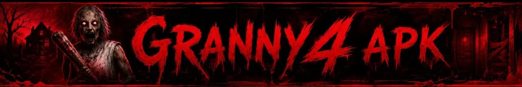 Wide horror-themed website header logo featuring a terrifying Granny-inspired character holding a wooden bat on the left, bold blood-red 'GRANNY4 APK' text across the center, and a haunted house with a dark abandoned doorway in the background. The banner uses a black and crimson color scheme with eerie lighting, creating a cinematic horror aesthetic for a gaming website
