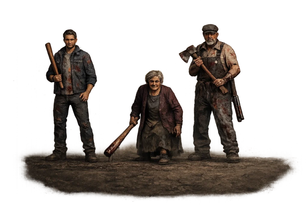 Grandpa & Granny Online Game Download (Latest Version 2026) 1 Grandpa, Granny, and the survivor characters standing together in a single straight line with no background. All characters are facing forward, showing their full bodies and unique appearances in a clean lineup from the multiplayer horror game.