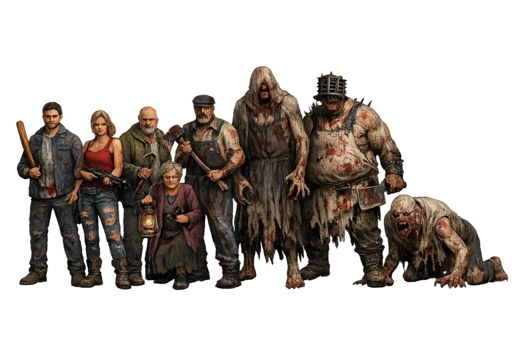 Grandpa & Granny Online Game Download (Latest Version 2026) 2 Grandpa, Granny, and all survivor characters standing in a single straight line, facing forward with no background. The horror game characters are displayed together in a clean lineup, showing their full outfits and unique appearances for promotional artwork.