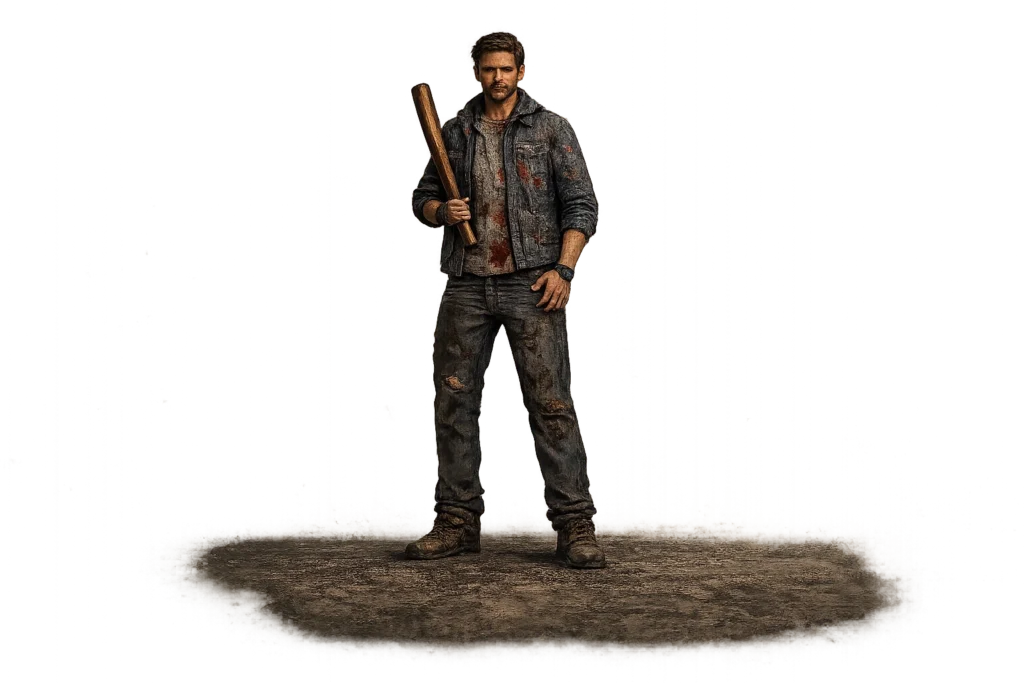 Grandpa & Granny Online Game Download (Latest Version 2026) 3 A lone survivor from a horror game stands in a full-body pose holding a wooden baseball bat over his shoulder. He wears a worn blue denim jacket, gray shirt, dark jeans, and rugged boots with a determined expression on a transparent background.