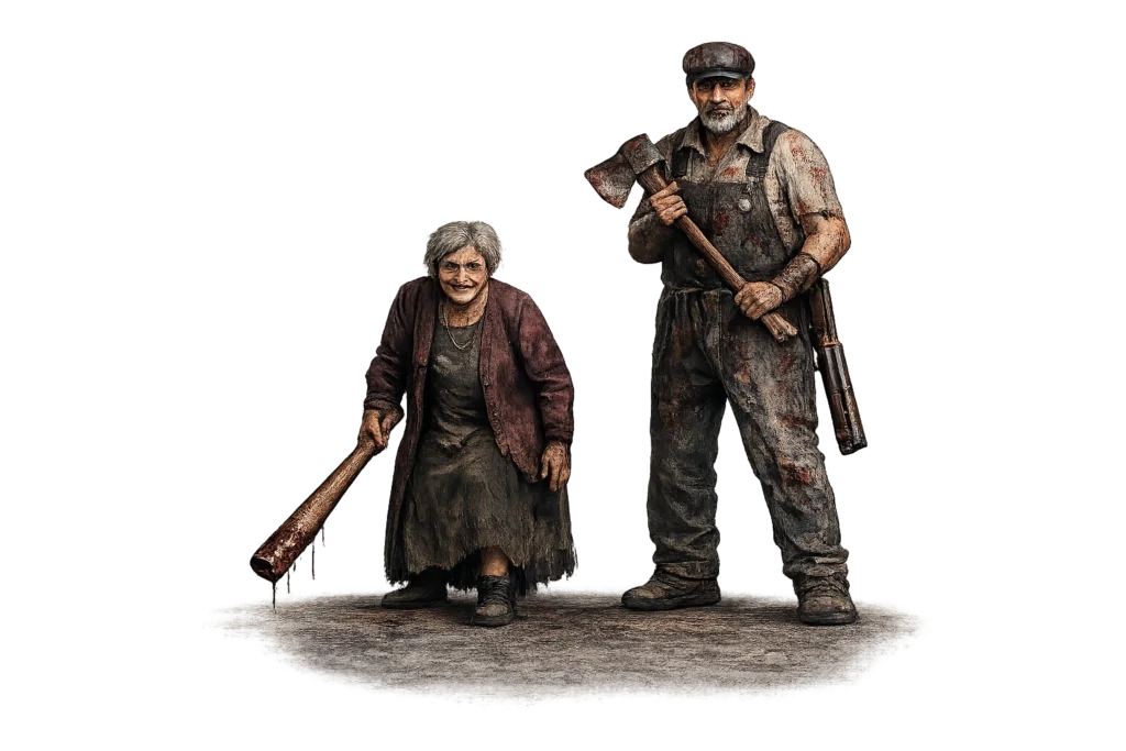 Grandpa & Granny Online Game Download (Latest Version 2026) 4 Grandpa and Granny horror game characters standing side by side in full-body poses, with Grandpa holding an axe and Granny carrying a wooden bat on a transparent background.