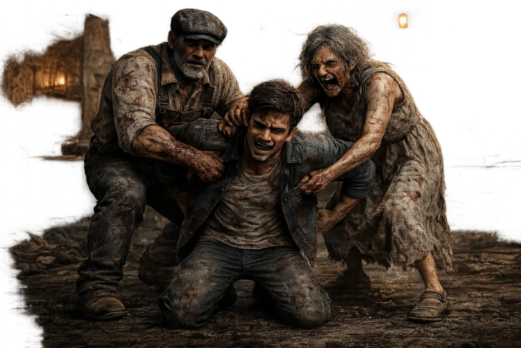 Grandpa & Granny Online Game Download (Latest Version 2026) 5 Grandpa and Granny capture a survivor in a horror game scene, with both enemies restraining the player while he struggles to escape on a transparent background.
