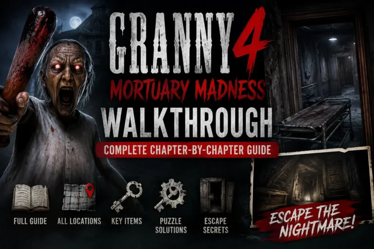 A horror-themed featured image for a Granny 4: Mortuary Madness walkthrough showing a terrifying elderly woman with glowing eyes holding a bloodstained bat in front of a haunted mansion at night. Large bold text reads "Granny 4: Mortuary Madness Walkthrough" with the subtitle "Complete Chapter-by-Chapter Guide." The background includes a creepy mortuary hallway, an abandoned mine, and icons representing maps, keys, puzzles, and escape secrets, creating a dark and suspenseful atmosphere.