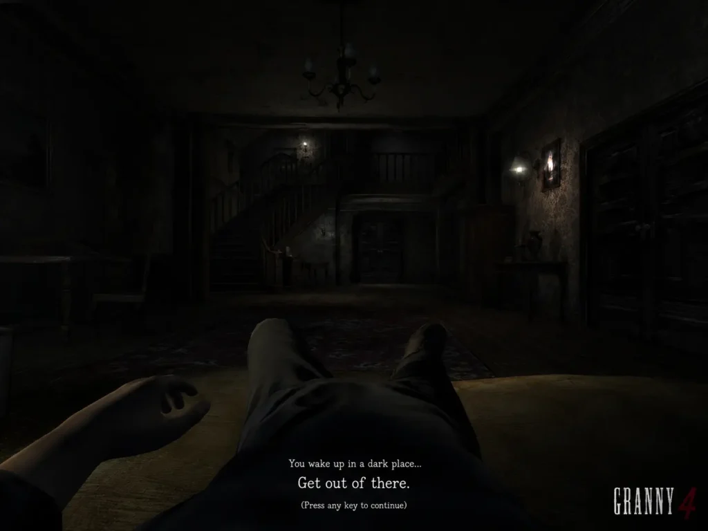 First-person view of a player waking up inside a dark, abandoned mansion with old wooden stairs, dim lighting, worn furniture, and a creepy atmosphere, marking the beginning of the Granny 4 escape adventure.