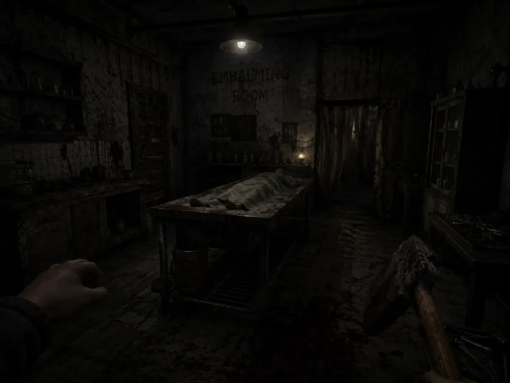 A frightened player carefully moves through the dark embalming room while avoiding deadly traps, creepy equipment, and lurking enemies in Granny 4.