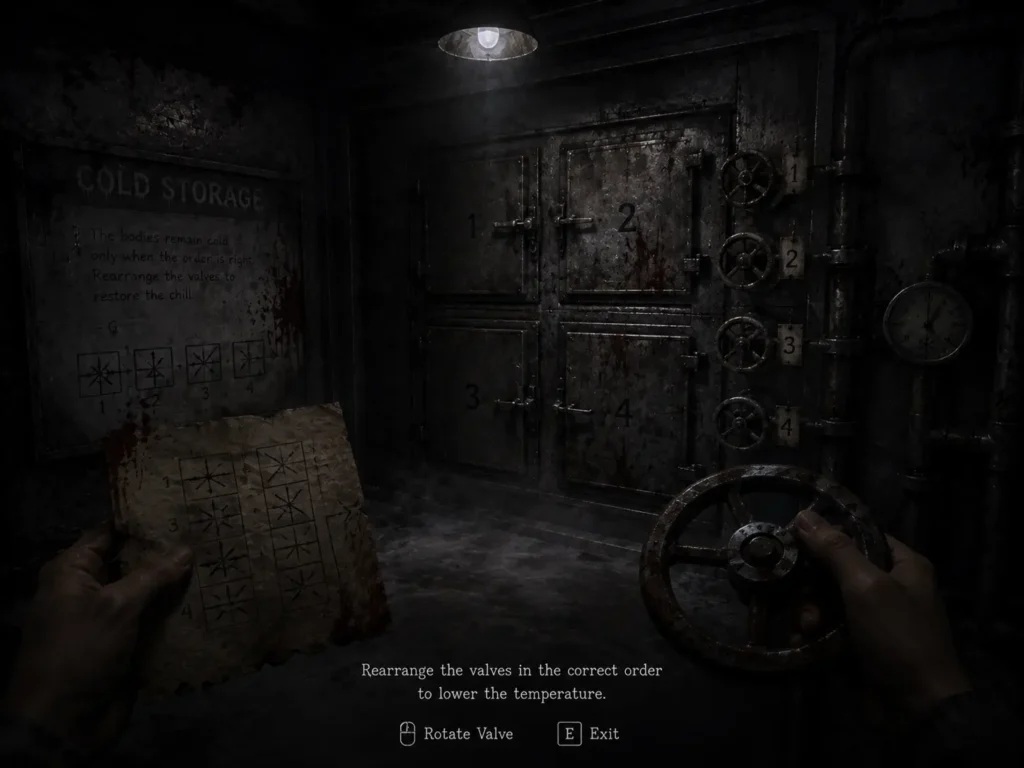 First-person view of a player solving a cold storage puzzle in a dark, frozen room with metal freezer doors, pipes, rotating valves, and a puzzle note while searching for the correct combination to progress in Granny 4.