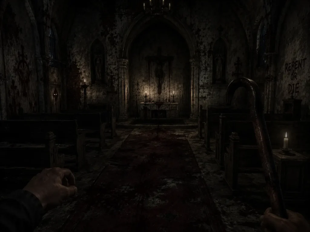 First-person view of a player exploring a haunted chapel with old wooden pews, flickering candles, a worn altar, stone arches, and dark shadows creating a tense and mysterious atmosphere in Granny 4.