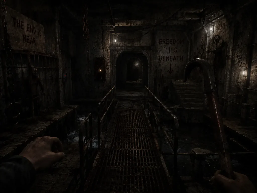 First-person view of a player exploring the final underground area with rusty walkways, stone tunnels, metal pipes, chains, and dim lights, creating a dark and suspenseful atmosphere before the final escape in Granny 4.