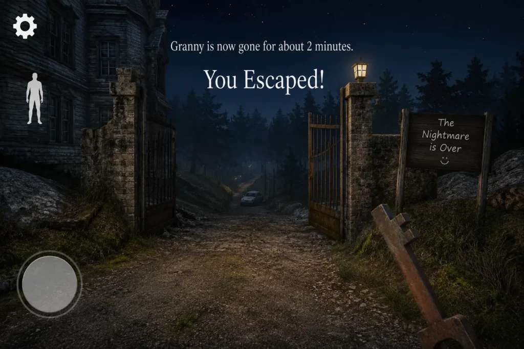 A first-person view outside a dark, abandoned mansion at night, with the open front gate leading down a dirt road into the forest. The player has successfully escaped the haunted house, and a large "You Escaped!" message appears on the screen. A rusty key is visible in the player's hand, while dim lanterns and moonlight create a spooky but victorious atmosphere.