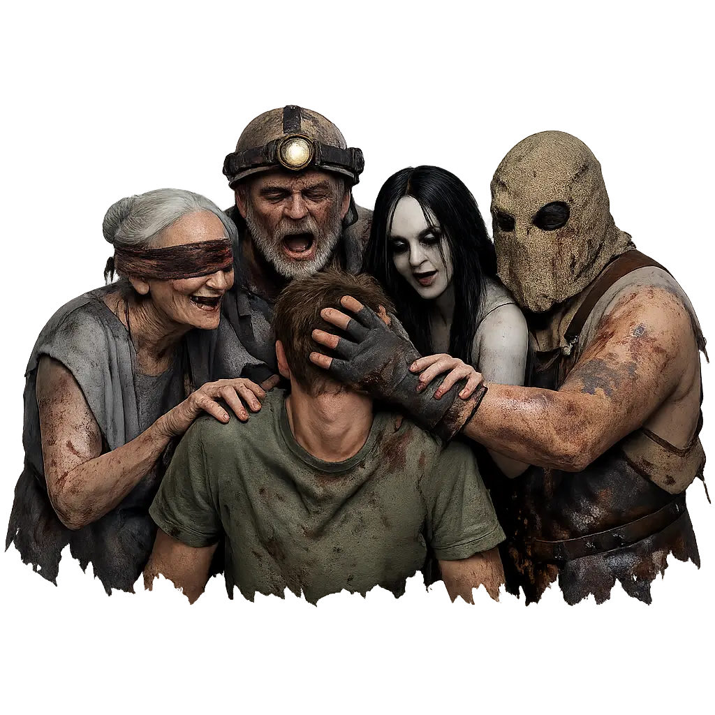 Four scary Granny 4 enemies surrounding and capturing a player, showing a tense horror game scene with terrifying characters standing together.