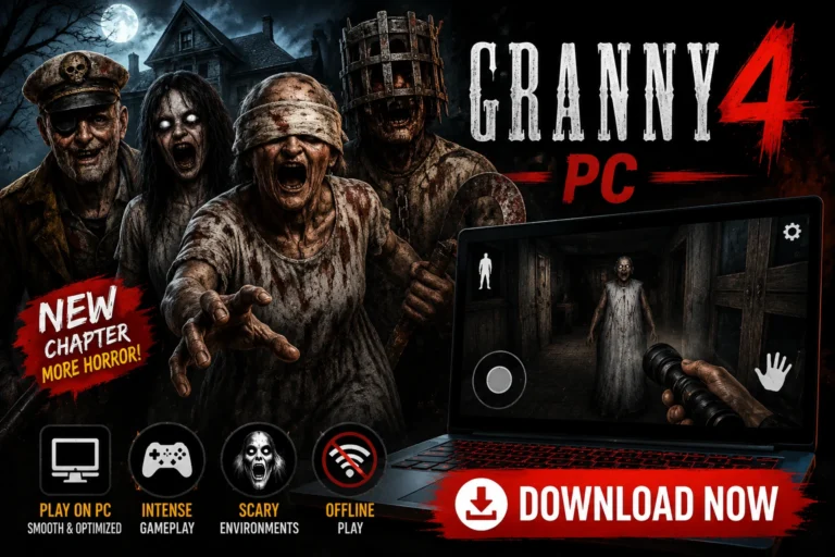 Eye-catching Granny 4 PC featured image showing four terrifying horror characters in front of a haunted mansion with a gameplay scene displayed on a laptop. The dark, cinematic design highlights intense survival gameplay and PC download.
