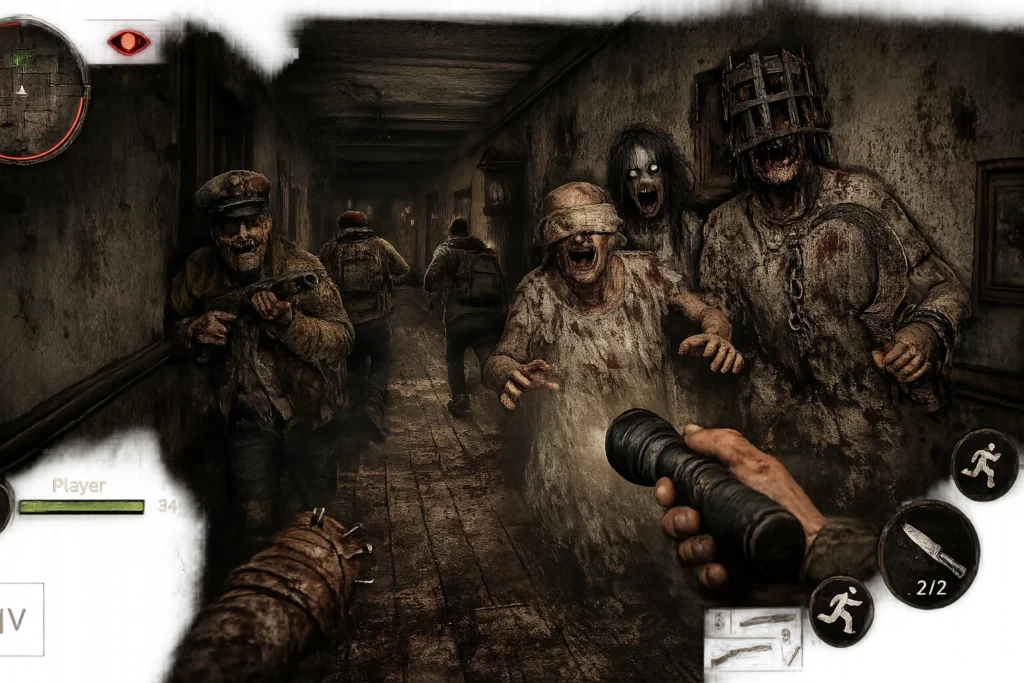 Granny 4 PC v2.2 Download – Play on Windows Laptop & Desktop 2 First-person horror gameplay showing players running through a dark, abandoned hallway while four terrifying enemies chase them. The scene includes a flashlight, survival game controls, and a creepy haunted mansion atmosphere.
