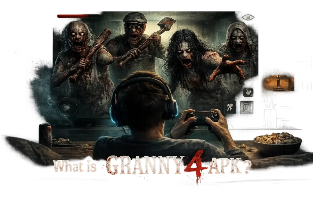 Granny 4 The Rebellion APK V2.2 Download for Android (Free) 2 Promotional artwork for Granny 4 APK showing a gamer playing a horror game while four terrifying enemies—Granny, Grandpa, Slendrina, and a ghostly figure—close in from the screen. The eerie game scene features dark lighting, creepy expressions, and a tense survival atmosphere.