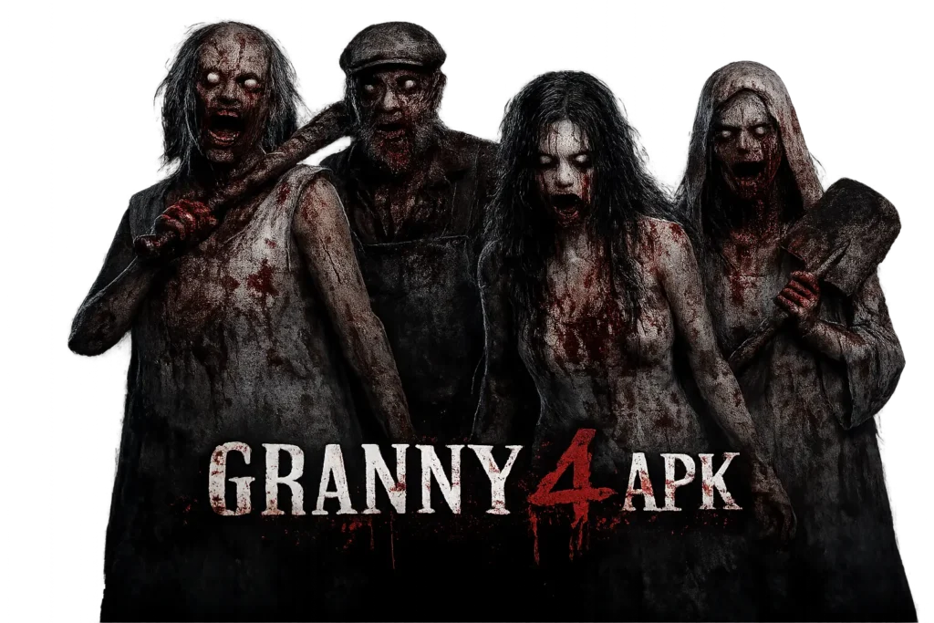 Granny 4 The Rebellion APK V2.2 Download for Android (Free) 1 Granny 4 APK promotional artwork featuring four terrifying horror characters standing side by side, covered in blood with glowing white eyes and menacing expressions. The ghostly figures stare directly at the viewer while holding weapons, creating a dark and frightening atmosphere. The 'Granny 4 APK' title appears in bold horror-style text at the bottom.