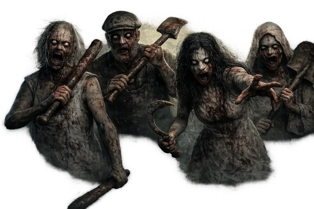 Granny 4 The Rebellion APK V2.2 Download for Android (Free) 3 Four deadly enemies from Granny 4 standing side by side with eerie expressions, each holding a worn weapon including a bat, axe, sickle, and hammer. The horror-inspired characters wear tattered clothing and stare directly at the viewer, creating a dark, suspenseful atmosphere suitable for a Granny 4 APK game guide