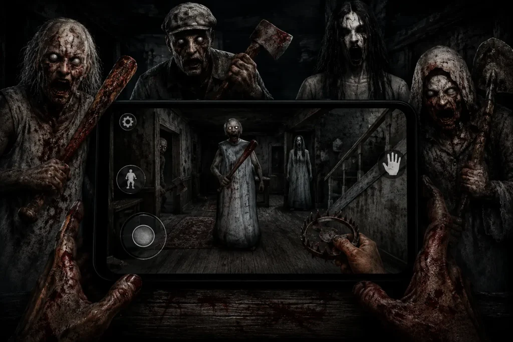 Granny 4 The Rebellion APK V2.2 Download for Android (Free) 4 Horror-themed promotional artwork for Granny 4 APK featuring a first-person gameplay scene displayed on a smartphone screen. Four terrifying enemies surround the device, including Granny, Grandpa, Slendrina, and a hooded ghost, creating an intense survival atmosphere inside a dark, abandoned house with realistic game-style visuals.