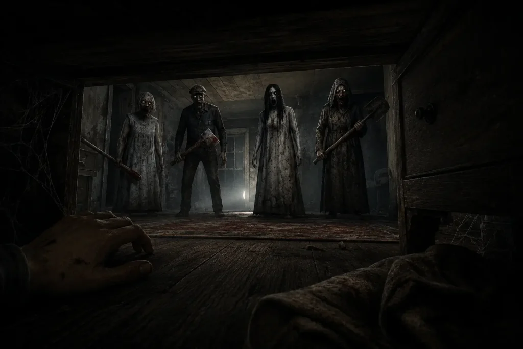 Granny 4 The Rebellion APK V2.2 Download for Android (Free) 8 First-person horror game scene showing a player hiding beneath a wooden bed or closet while four terrifying enemies stand just outside searching the room. The dark, abandoned house features worn wooden floors, dim lighting, and eerie shadows, creating a tense survival atmosphere inspired by Granny 4 gameplay.