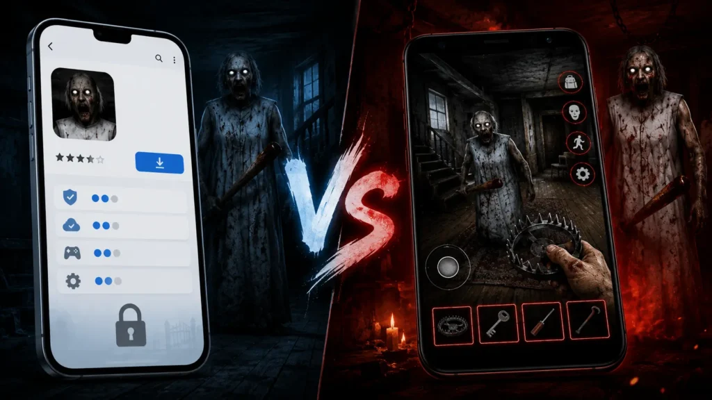 Granny 4 The Rebellion APK V2.2 Download for Android (Free) 7 Split-screen comparison of the Official and APK versions of a horror game with a large 'VS' in the center. The left side shows a clean app store-style interface with a locked experience, while the right side displays immersive first-person horror gameplay inside a haunted house with enhanced visuals. Creepy Granny-style characters stand behind both versions, highlighting the contrast between the two experiences.
