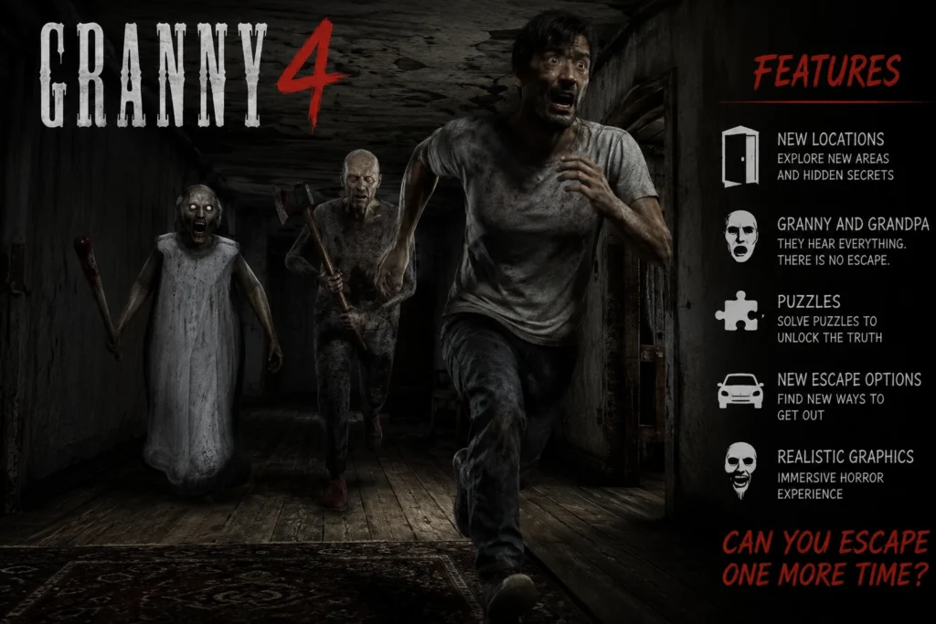 Granny 4 APK iOS Download (iPhone & iPad) – Free Latest Version 2 A frightened player runs through a dark, abandoned house while Granny and Grandpa chase close behind in a terrifying horror scene. The image features a realistic horror theme with eerie lighting, decaying walls, and a side panel highlighting game features such as new locations, puzzles, escape options, and immersive graphics for Granny 4.