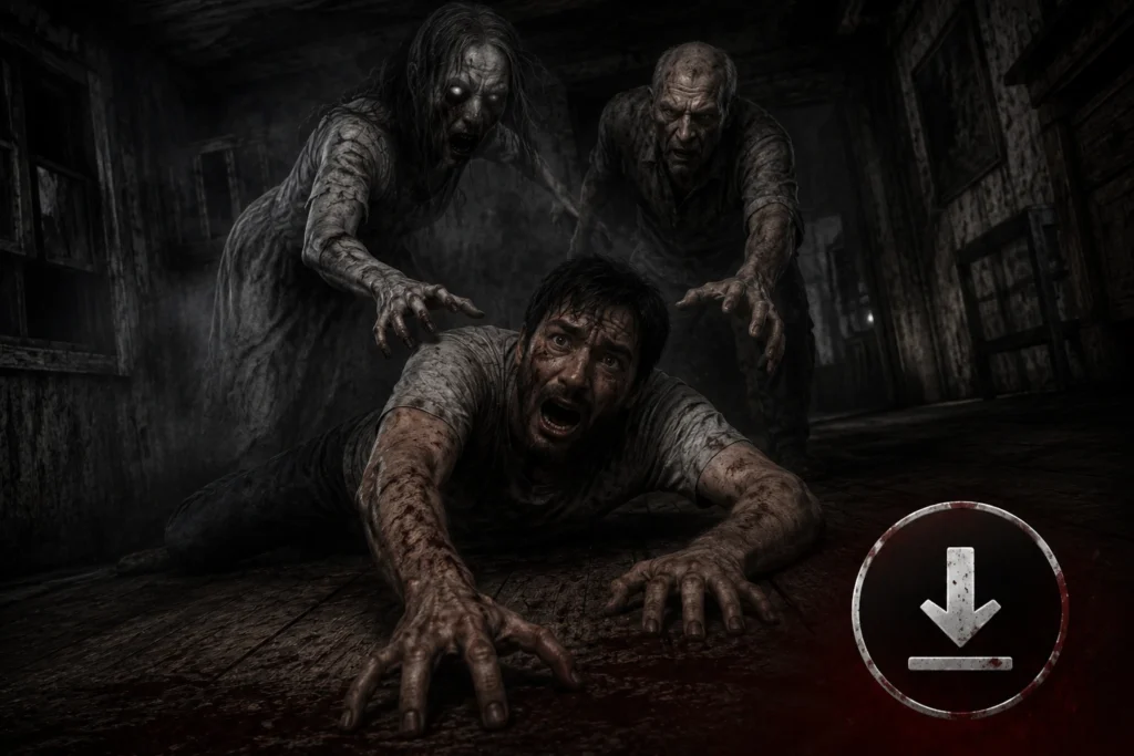 Granny 4 APK iOS Download (iPhone & iPad) – Free Latest Version 3 A terrified player crawls across the floor of a dark, abandoned house while ghostly Granny and Grandpa close in from behind. The realistic horror scene features eerie lighting, a haunted atmosphere, and a download icon in the corner, representing the Granny 4 game download.