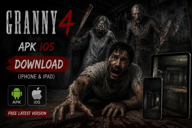 A terrified player crawls away from Granny and Grandpa inside a haunted house while holding off their attack. The horror-themed banner features iPhone and iPad devices displaying gameplay, with dark lighting and realistic visuals promoting Granny 4 APK iOS download.