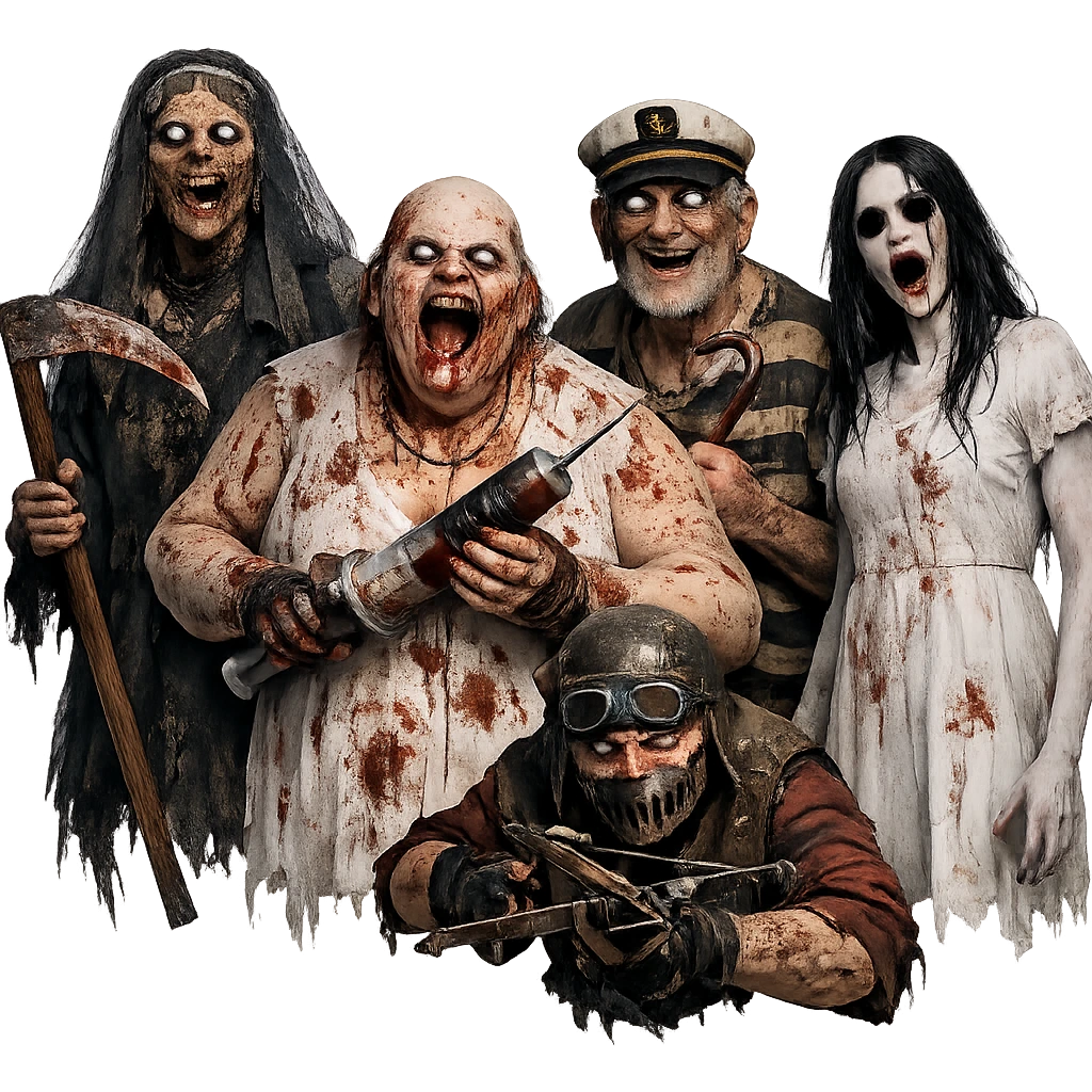 Granny 4 APK iOS Download (iPhone & iPad) – Free Latest Version 1 A group of terrifying horror characters stands closely together as if posing for a promotional game render. On the left is an elderly woman in a tattered black veil holding a rusty scythe, with glowing white eyes and a decayed face. In the center is a large, blood-stained figure gripping an oversized syringe, mouth open in a menacing scream. Behind is an elderly man wearing a striped shirt and white captain's hat, smiling eerily while holding a crowbar. To the right stands a ghostly pale woman with long black hair, empty dark eyes, and a white dress stained with blood. In front, a crouching masked figure aims a crossbow while wearing goggles and rugged clothing. The characters are isolated with no visible background or text.