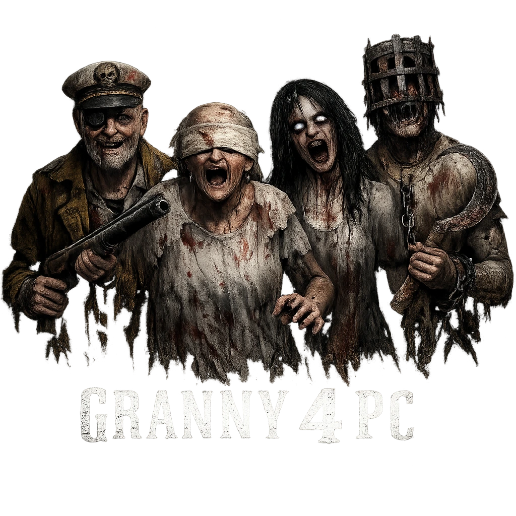 Granny 4 PC v2.2 Download – Play on Windows Laptop & Desktop 1 Scary artwork of four horror game characters standing together with a transparent background. The text Granny 4 PC APK appears at the bottom in a distressed white font, creating a dark and spooky gaming-style design.
