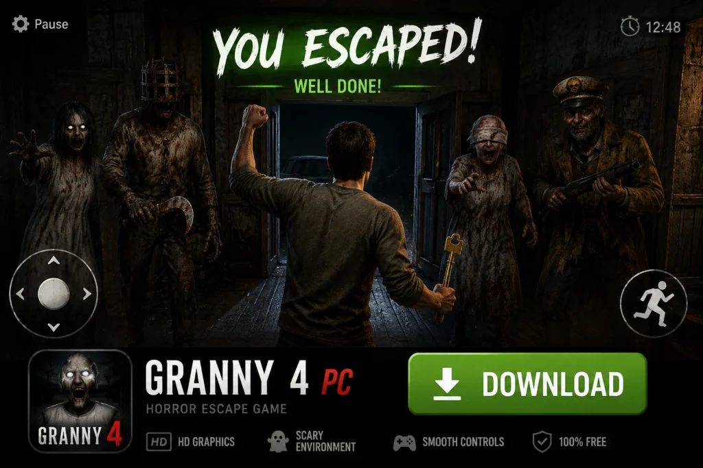 Granny 4 PC v2.2 Download – Play on Windows Laptop & Desktop 3 Horror game scene showing a player successfully escaping while celebrating victory as terrifying enemies stand behind. The gameplay screen features dark surroundings, survival controls, and a large download button for Granny 4 PC.